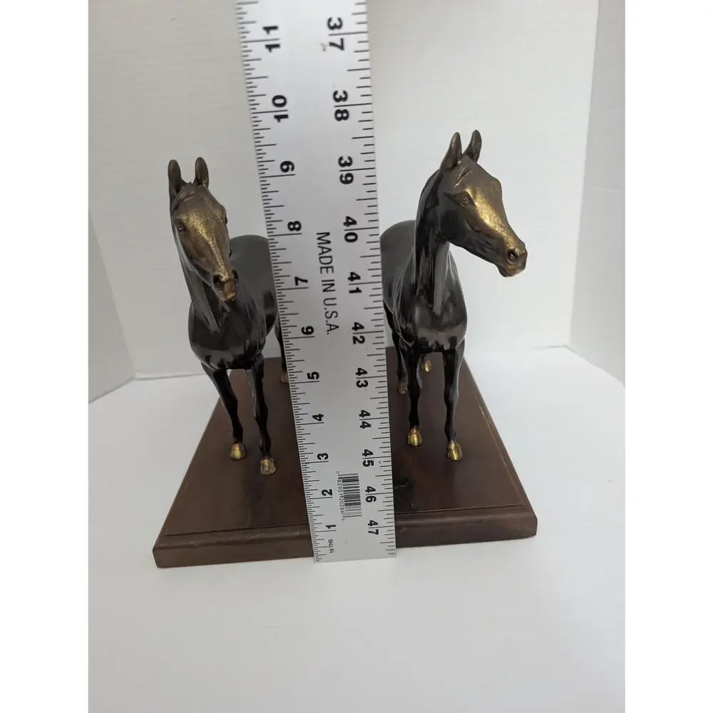 Pair Vintage Metal Horse Bookends Wood Base Equestrian Decor